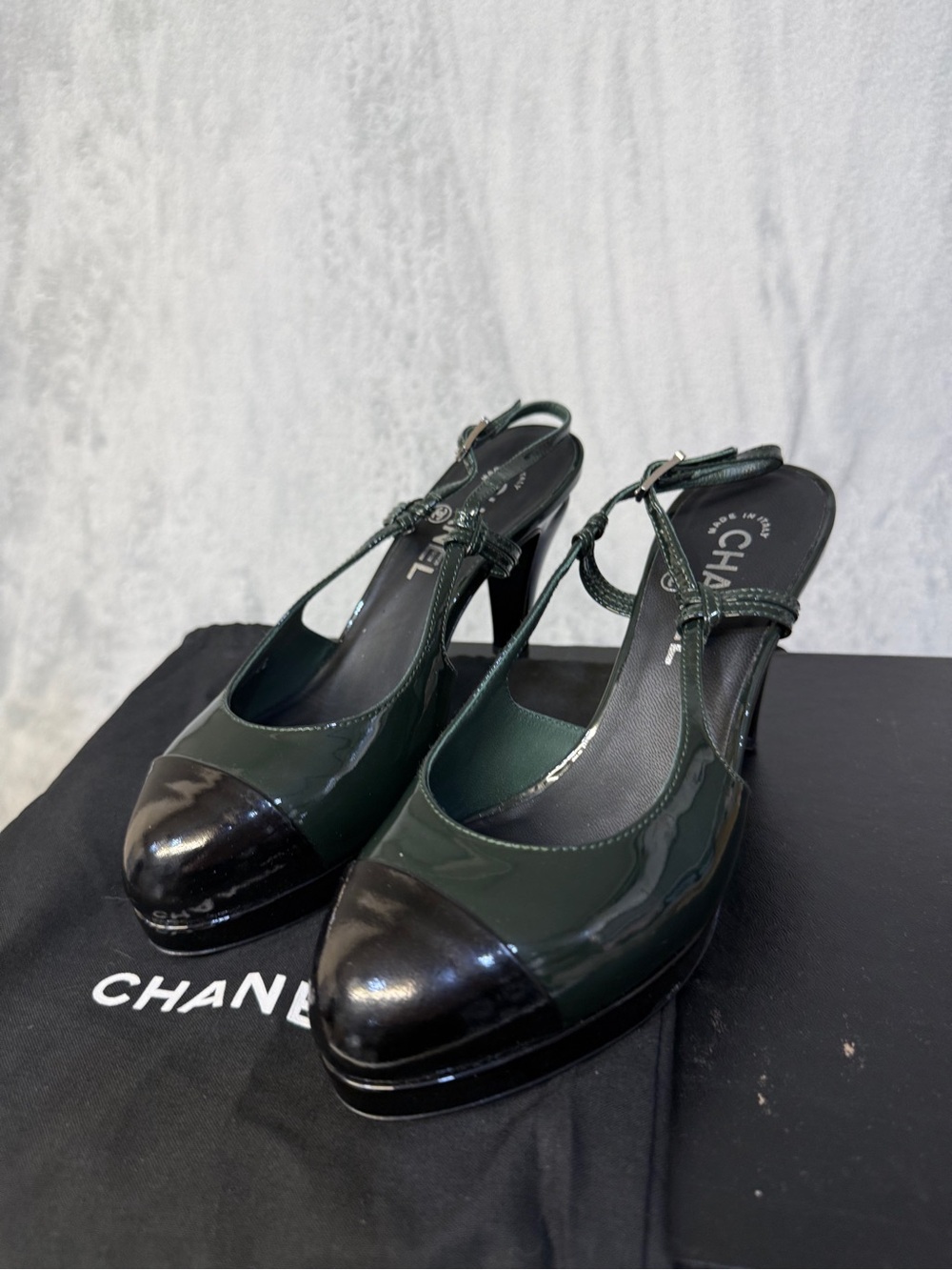 CHANEL Slingbacks Size 7 Patent Leather Green Black Shoes